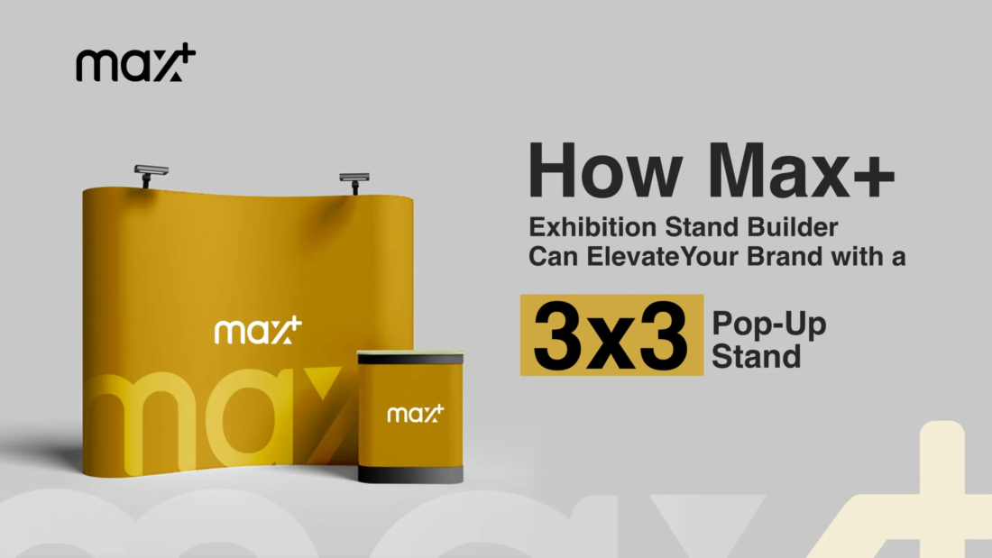 A 3x3 pop-up stand with vibrant graphics at an exhibition, attracting visitors and showcasing brand identity