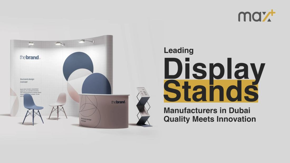 Custom display stand designed by Max+ showcasing innovative product placement at a trade show in Dubai.