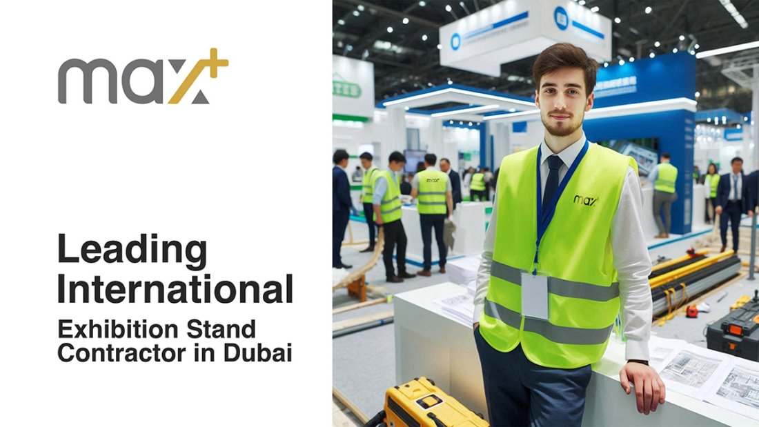 Max+ exhibition stand with innovative design, featuring cutting-edge technology and sustainable materials, showcased at a Dubai trade show.