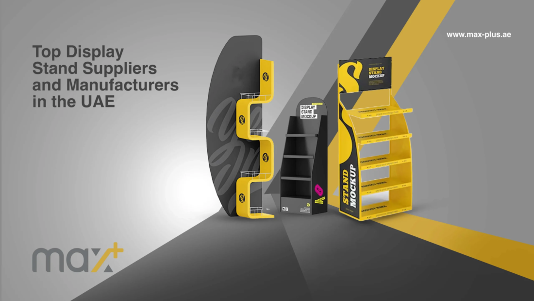 A sleek and modern display stand designed by Max+, one of the top display stand suppliers and manufacturers in the UAE.