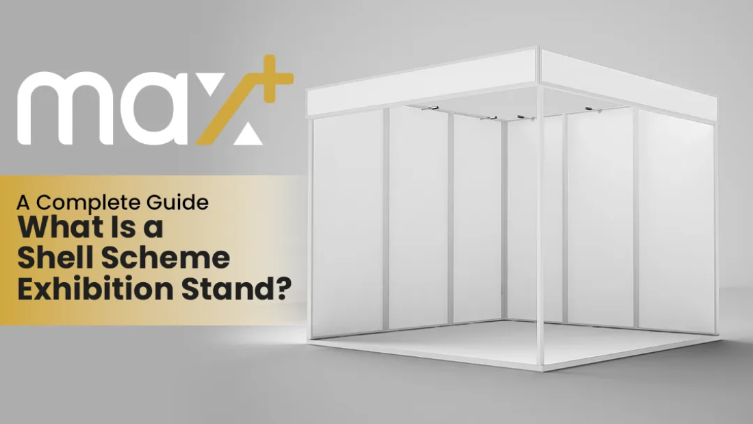 A well-designed shell scheme exhibition stand with branded graphics, lighting, and display accessories at a trade show.