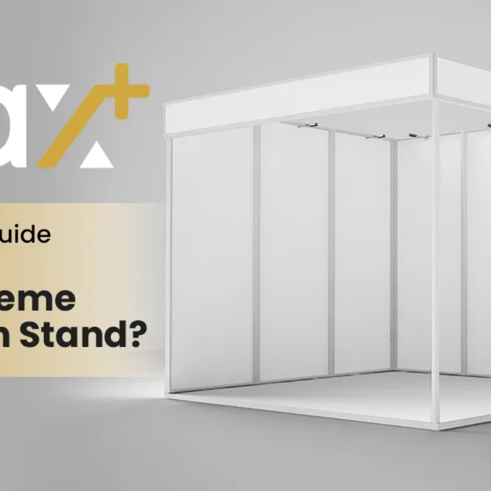 A well-designed shell scheme exhibition stand with branded graphics, lighting, and display accessories at a trade show.