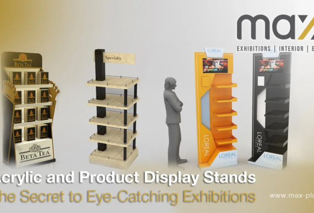 A vibrant exhibition booth featuring a variety of products showcased on sleek, modern acrylic display stands.