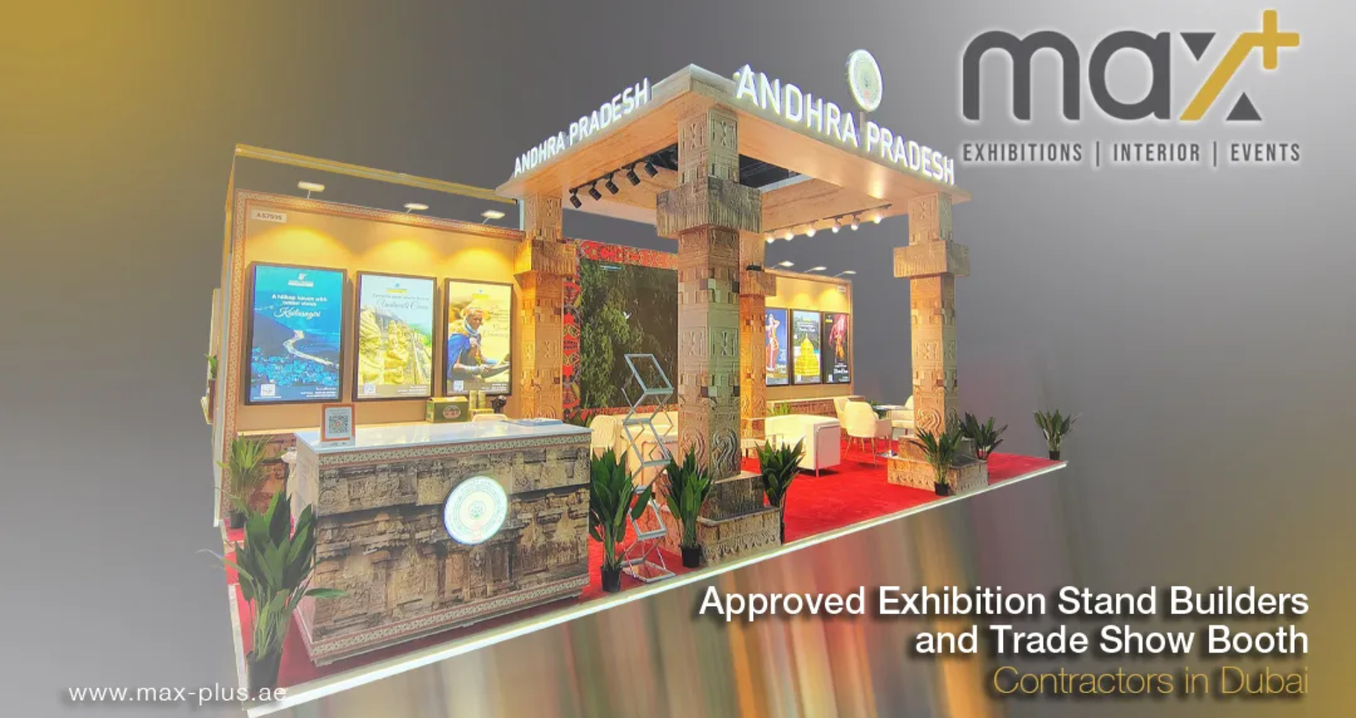 A vibrant exhibition booth designed and built by Max+, showcasing a successful client presentation.