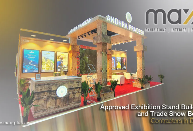 A vibrant exhibition booth designed and built by Max+, showcasing a successful client presentation.