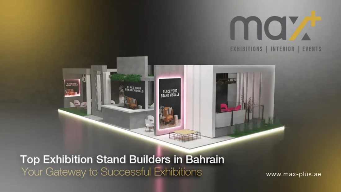 A modern and visually striking exhibition stand setup at a trade show in Bahrain, showcasing innovative design and branding elements.