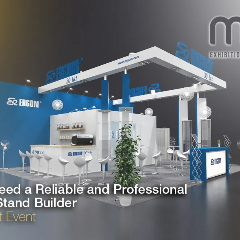 Professional exhibition stand at a trade show showcasing custom design, branding, and functionality.